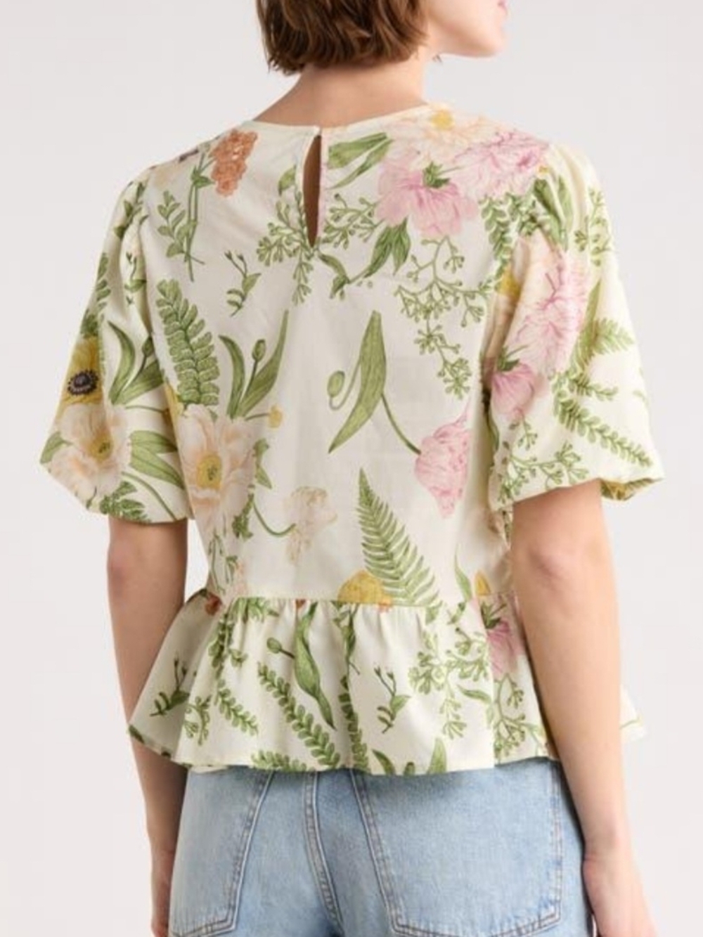 MELLODAY Floral Puff-Sleeve Tie-Front Top With Botanical Print - Picture 2 of 6